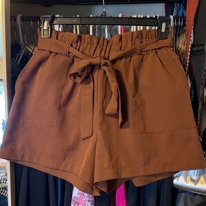 High-Waist Paperbag Tie-Front Shorts in Chestnut Brown